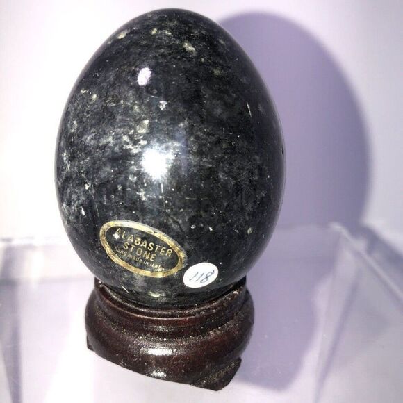 Green and Black Alabaster Egg with wood Stand 2 tall made in Italy 1980 - Picture 3 of 6